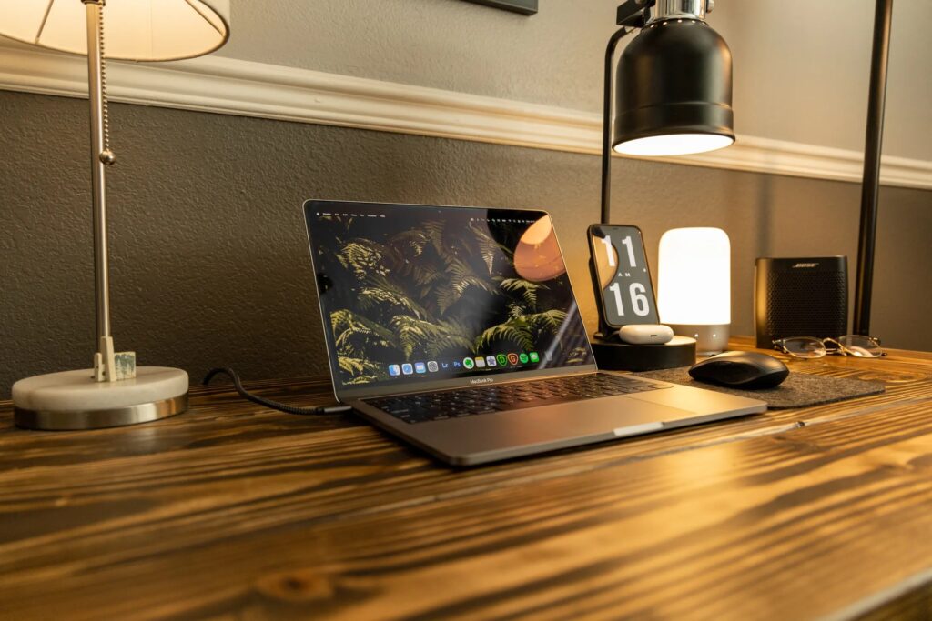 A laptop on a home office desk, the kind of setup where you can try the unplugged-mouse keyboard test.